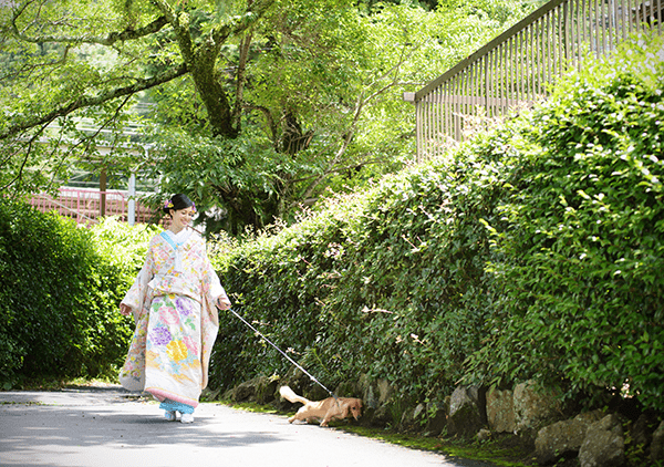 犬と一緒に散歩している女性の画像